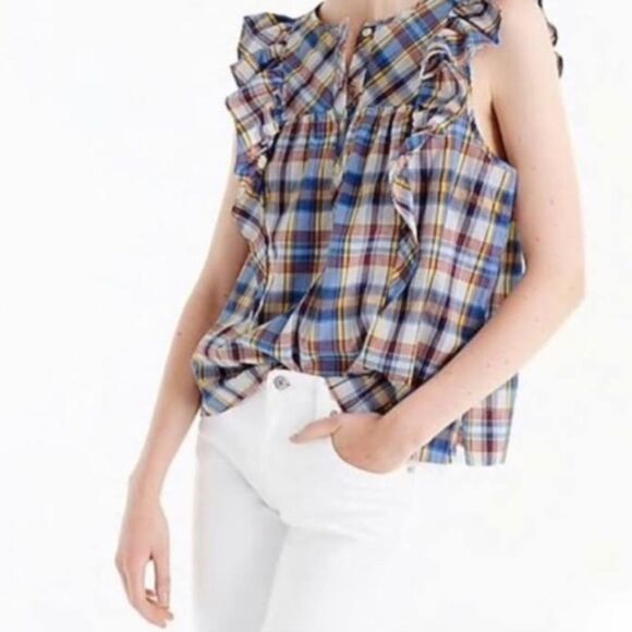 J. CREW Ruffle sleeveless summer top vintage plaid SZ 00 - Picture 1 of 8